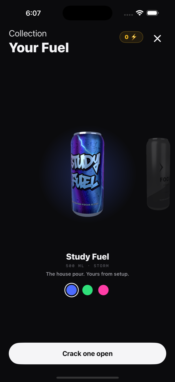 The StudyLapse collection screen, showing a Study Fuel can and the button to crack one open.