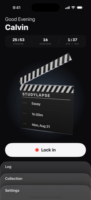 The StudyLapse home screen: a clapperboard slated with the subject and roll length, and the Lock in button.