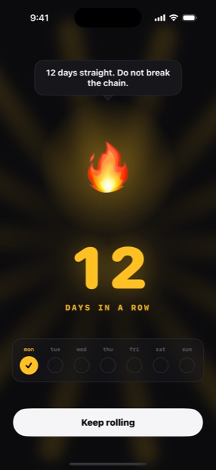 The streak celebration, showing twelve consecutive days filmed.