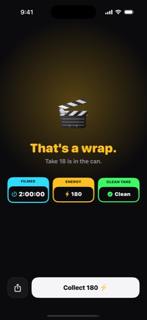 The end-of-session screen showing time filmed, energy earned and whether the phone stayed down.